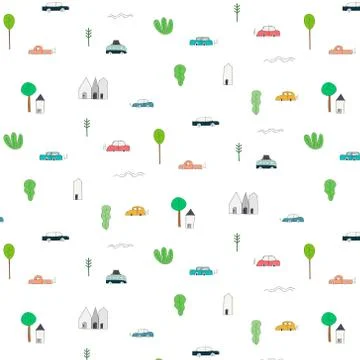 Pattern With Abstract Home Car And Tree Design Elements. イラスト素材