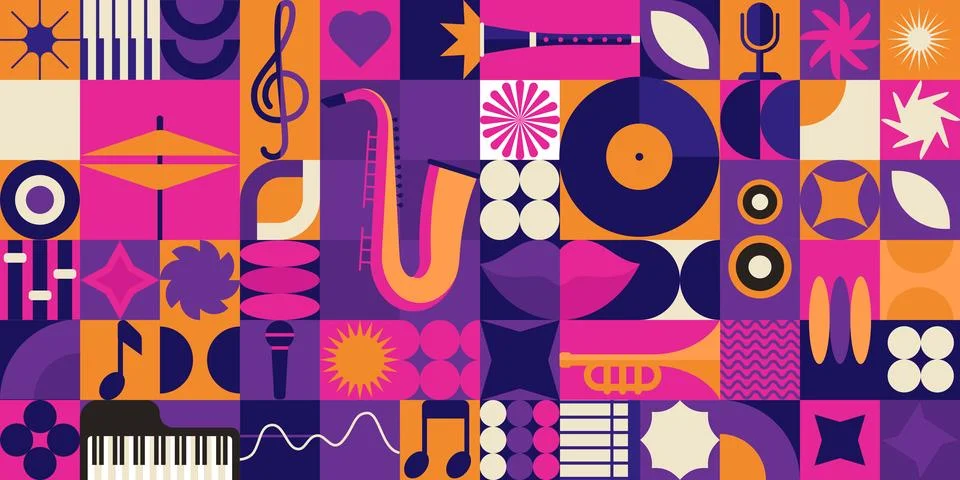 Pattern abstract music. Background banner. Vintage art poster retro, circle.. Illustrazione stock