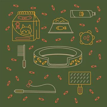 A pattern with accessories for pets and a cat. Doodle pattern in line with cat Stock Illustration