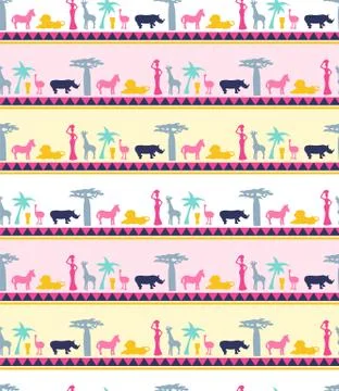 Pattern of Africa jungle elements with african animals and trees silhouette Stock Illustration