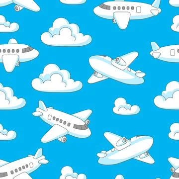 Pattern with airplanes and clouds. Travel illustration and tourism background. Stock Illustration