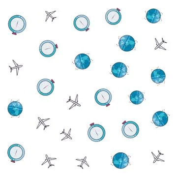 Pattern of airplanes with compass guide and planet earth Stock Illustration
