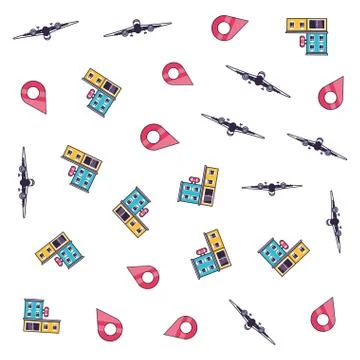 Pattern of airplanes with pins location and hotel buildings 스톡 일러스트