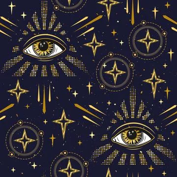Pattern with all seeing eye, golden stars Stock Illustration