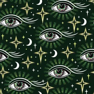 Pattern with all seeing eye, stars, crescent Stock Illustration