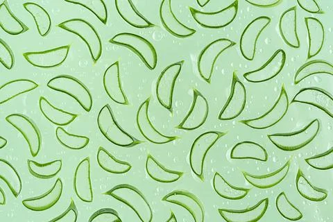 Pattern of aloe vera slices on green background. Top view Illustrazione stock