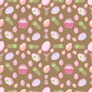 Pattern and Easter eggs and flowers brown background Illustrazione stock