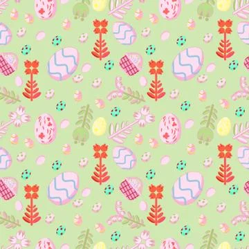Pattern and Easter eggs and flowers green background 스톡 일러스트
