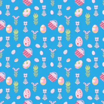 Pattern and Easter eggs and flowers blue background 스톡 일러스트