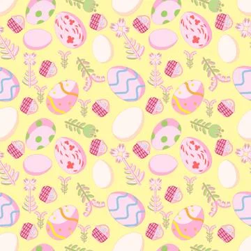 Pattern and Easter eggs and flowers yellow background Illustrazione stock
