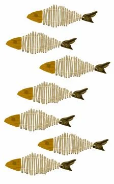 A pattern of animal fish with wood bones texture issolated on white Stock Illustration