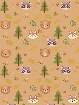 A pattern of animals and trees with a brown background Stock Illustration