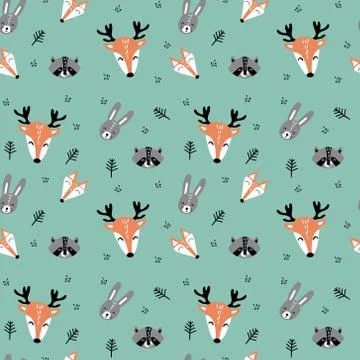 Pattern with animals faces on green background Stock Illustration