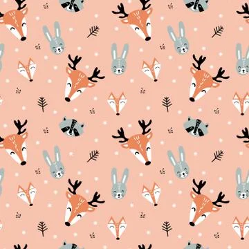 Pattern with animals faces with snowflakes Stock Illustration