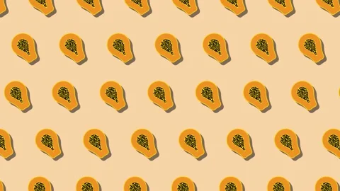 Pattern of animated fruit icons of Papaya on yellow background. Seamless loop Video stock 174897862