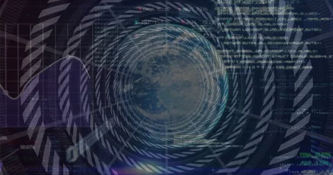 Pattern appearing, globe rotating with spinning rings, scrolling stock data Stock Footage 311963506