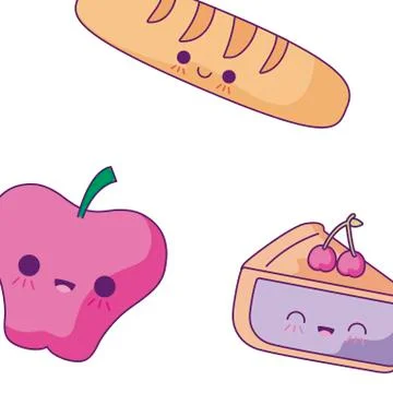 Pattern apple with bread french and cake kawaii Stock Illustration