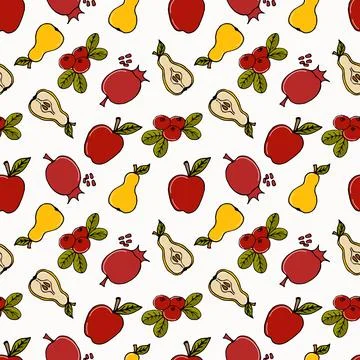 Pattern apples, pears, pomegranates and cranberries on white Stock Illustration