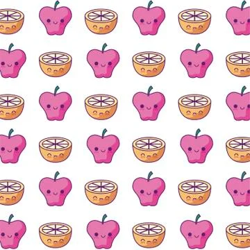 Pattern of apples with sliced oranges kawaii style Illustrazione stock