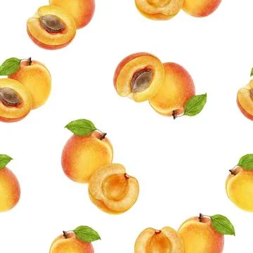 Pattern of apricots with leaves on white. Ideal for fabric, food, and summer Stock Illustration