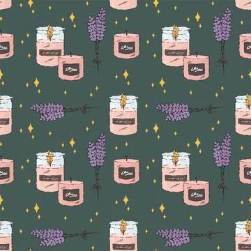 A pattern with an aroma candle. Aromatherapy with lavender, a jar with candles Stock Illustration