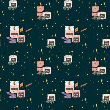 A pattern with aroma candles and fire. Aromatherapy at your home, self-care Stock Illustration