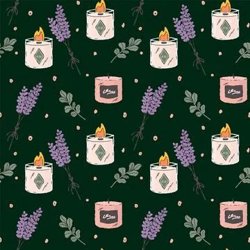 A pattern with aroma candles and lavender flowers. Beautiful background of self Stock Illustration