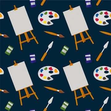 A pattern of artistic drawing tools. Watercolor illustration, brushes, easel Stock Illustration