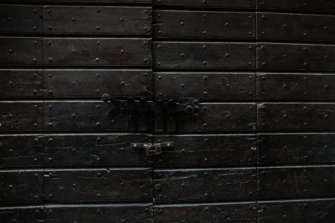 Pattern of the authentic aged wooden dark door Stock Photos