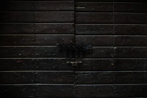 Pattern of the authentic aged wooden dark door Stock Photos