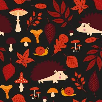 A pattern with autumn leaves, hedgehogs and mushrooms Stock Illustration