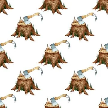 Pattern ax stuck in a stump watercolor Stock-Illustration