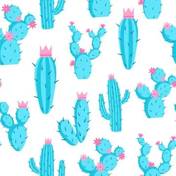 Pattern of azure cacti with flowers and crowns, vector illustration. Ilustración de archivo
