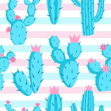 Pattern of azure cactuses on a striped background, vector illustration. Stock Illustration