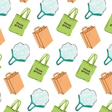 Pattern, background. Fabric bag, string bag and paper bag. 스톡 일러스트