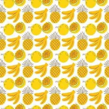 Pattern background with fruit elements banana, pineapple, orange. Tropical fr Stock Illustration
