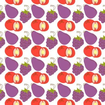 Pattern background with fruit elements of tomato, eggplant, grapes. Cute vect Stockillustratie