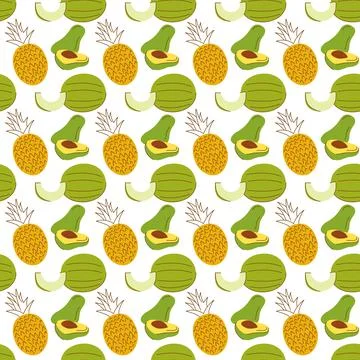 Pattern background with fruit elements,watermelon, banana, mango. hand drawn  イラスト素材