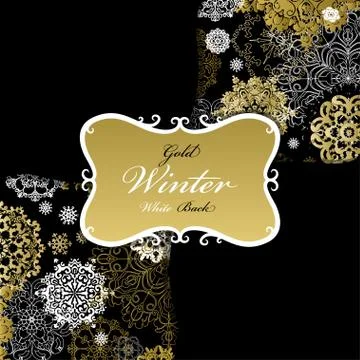 Pattern background with golden white snowflakes text  label. Stock Illustration
