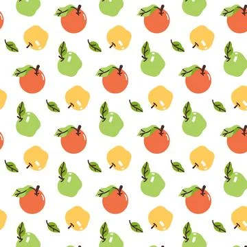 Pattern background with green apples, oranges and leaves. Flat modern vecto.. Illustrazione stock
