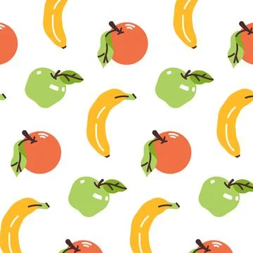 Pattern, background with green apples, oranges and bananas. Stock Illustration
