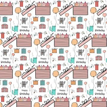 Pattern Background Happy Birthday concept With Cute Cat In The Big Gift Box. Stock Illustration