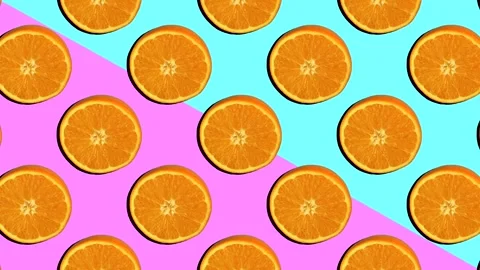 Pattern background. Minimal animation. Oranges citrus on color background. Video stock 155417407