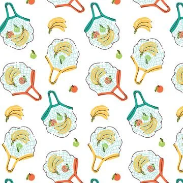 Pattern background with string bags and fruits apple, banana and orange. Ze.. Stock Illustration