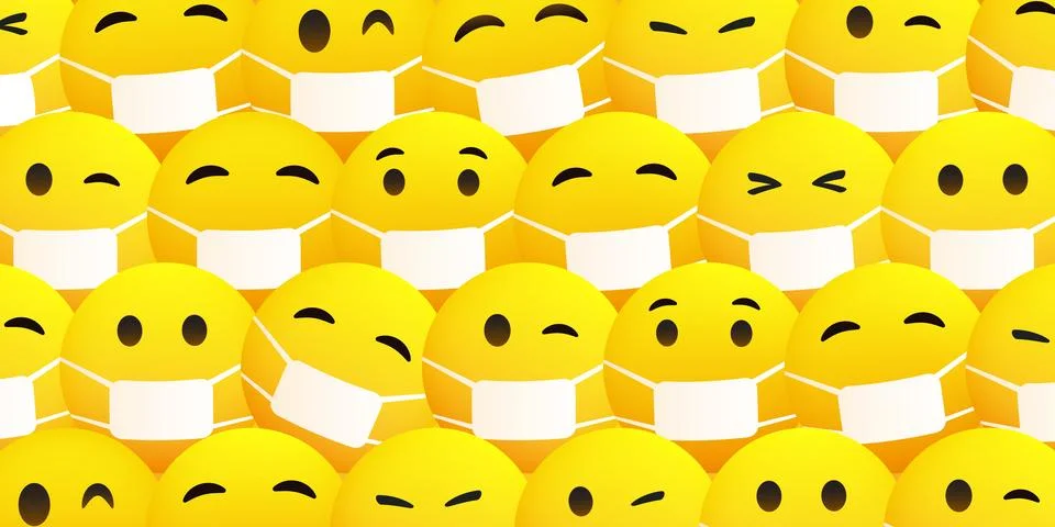 Pattern Background with Various Yellow Emoticons Wearing Medical Mask - Vec.. Stock Illustration