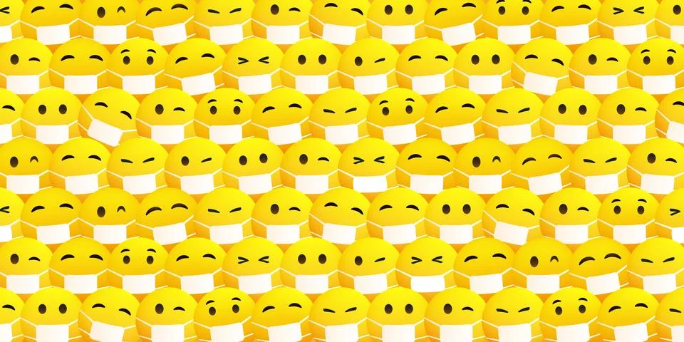 Pattern Background with Various Yellow Emoticons Wearing Medical Mask - Vec.. Stock Illustration