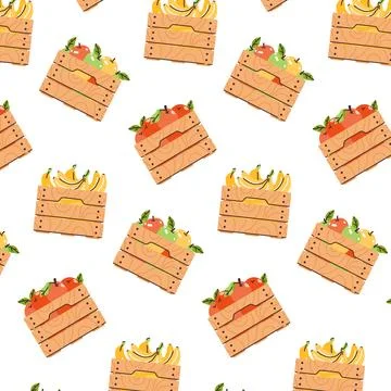 Pattern background with wooden boxes with apples, oranges and bananas. Zero.. 스톡 일러스트