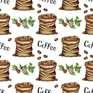 Pattern bag with coffee beans watercolor Stock Illustration