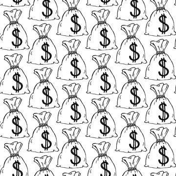 Pattern with bags of dollars. Black and white illustration. Stock Illustration