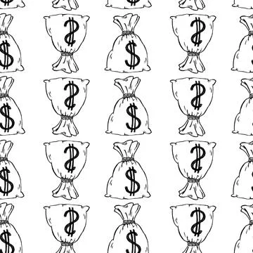 Pattern with bags of dollars. Black and white illustration. Stock Illustration